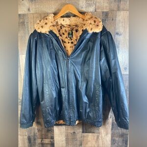 Vintage Women’s Polo Norte Black Leather Lined Rabbit Fur Coat Large Oversized